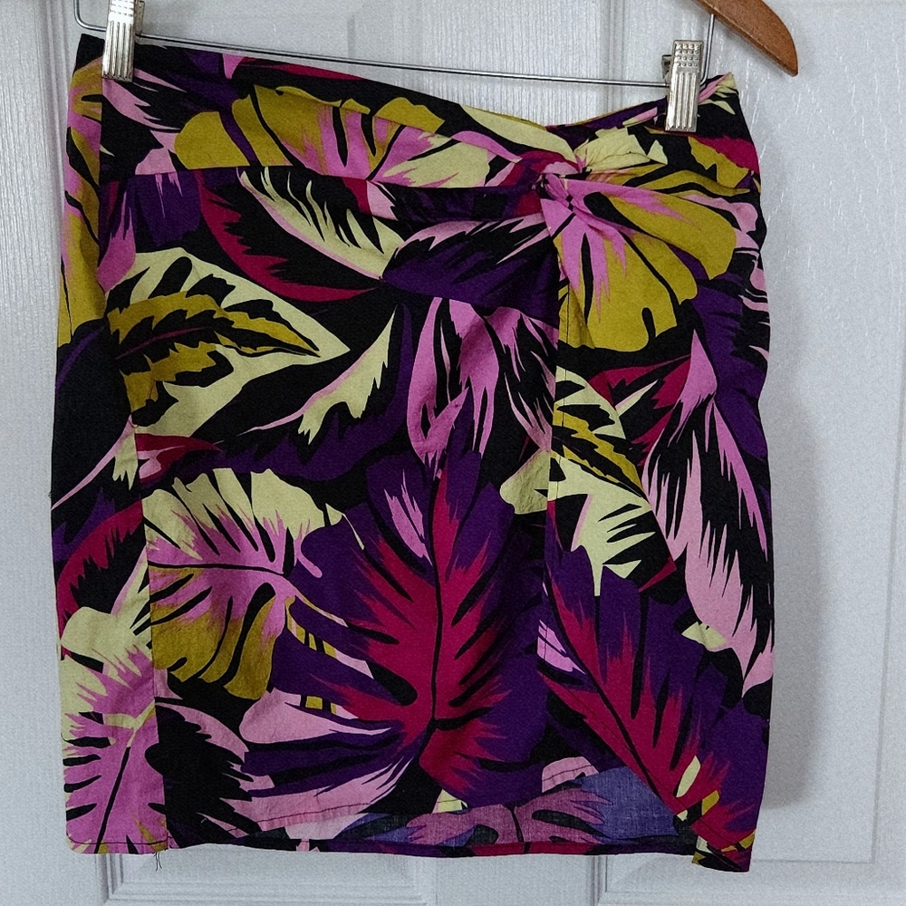 Vibrant Leaf Print Pencil Skirt - Pink, Yellow, Black